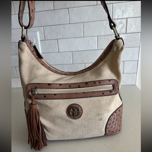 Giani Bernini Handbags - Giani Bernini Embossed Vegan Ostrich Leather Canvas Hobo Shoulder Bag Purse Tan